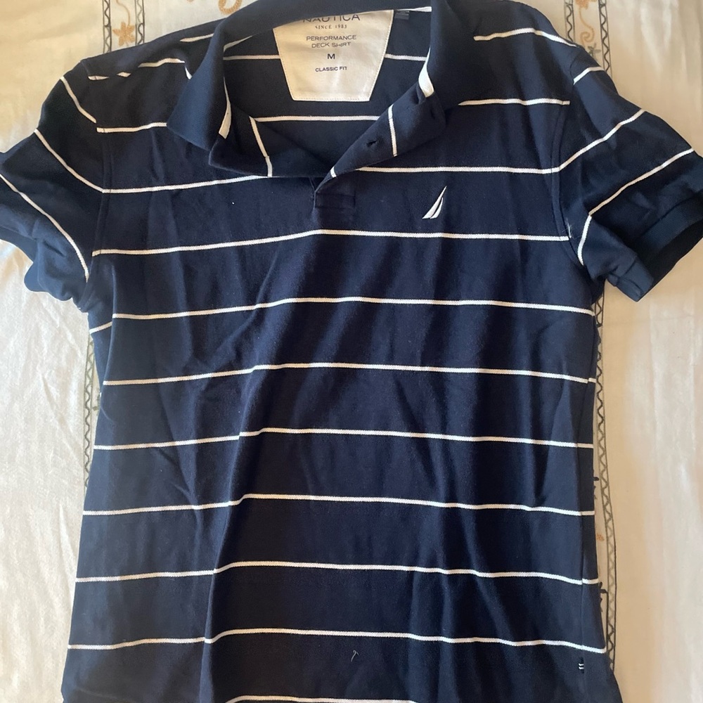 Nautica Blue and White Striped Polo Shirt